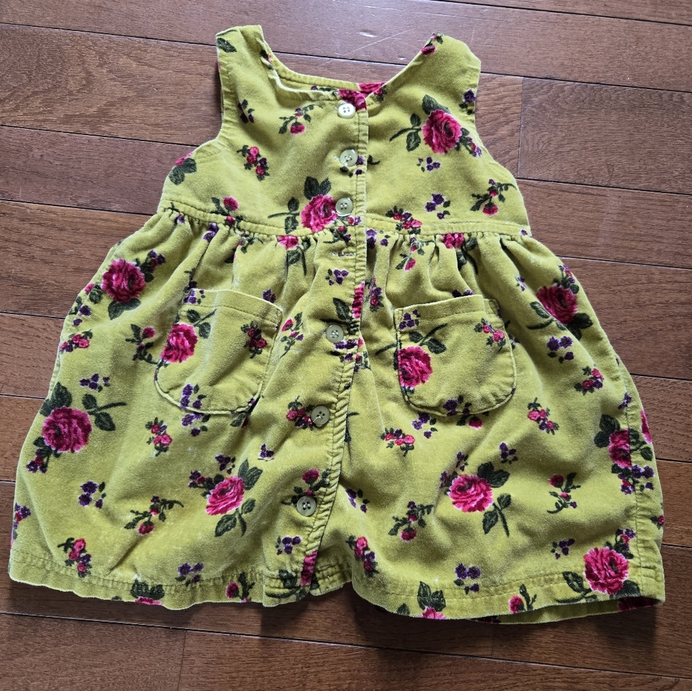 VTG McKids 24m Corduroy Floral Dress Sleeveless Cotton Green And Pink 90s Sears